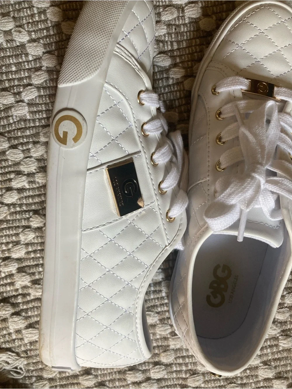 G by Guess White Quilted Lace-Up Sneakers with Gold Trim